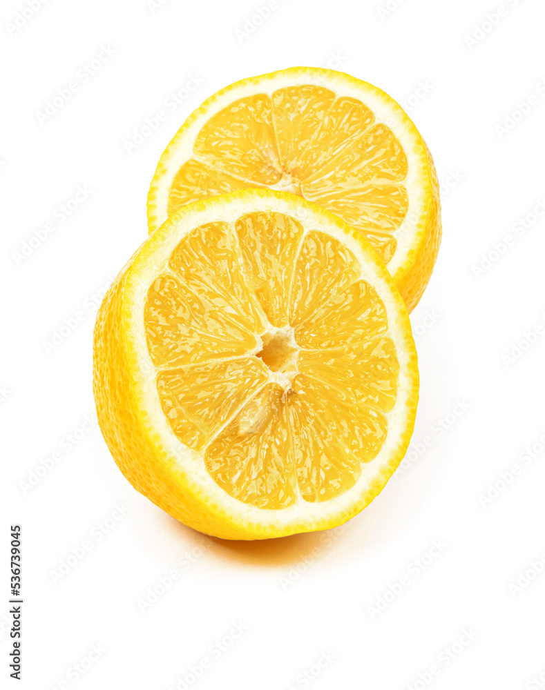 fresh lemon cut into two equal halves on insulated white background fresh lemon cut into two equal halves on insulated white background