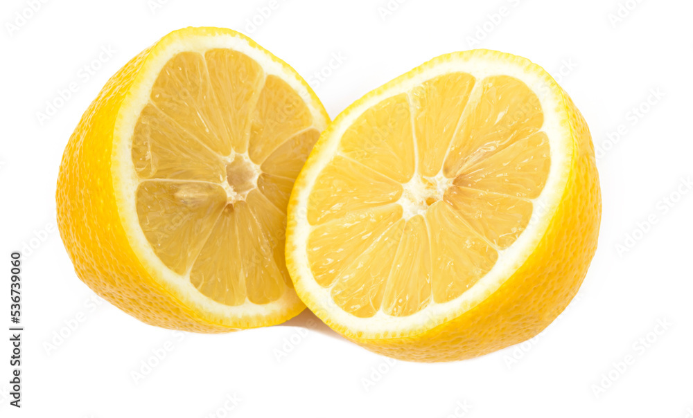 fresh lemon cut into two equal halves on insulated white background fresh lemon cut into two equal halves on insulated white background