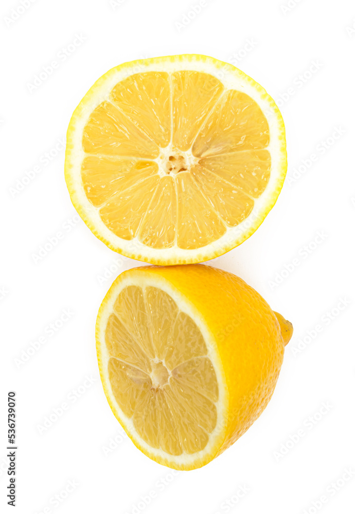 fresh lemon cut into two equal halves on insulated white background fresh lemon cut into two equal halves on insulated white background