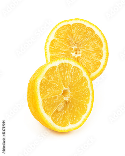 fresh lemon cut into two equal halves on insulated white background