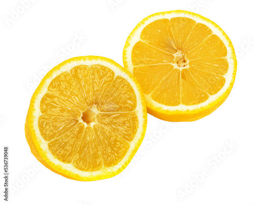 fresh lemon cut into two equal halves on insulated white background