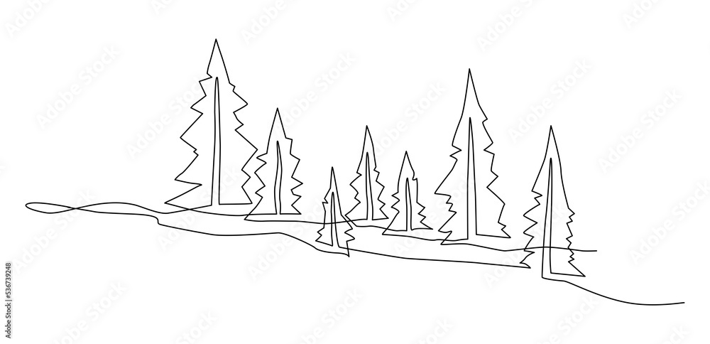Young spruce trees in the field. Landscape. Continuous line drawing illustration.