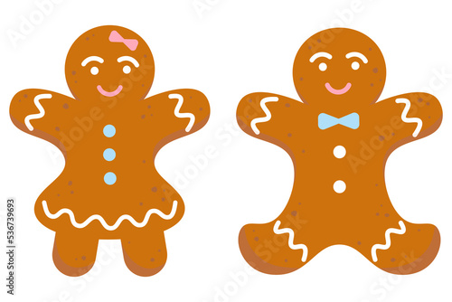 Gingerbread man and woman. Homemade Christmas cookies. Winter holiday celebration theme. Vector illustration in flat style isolated on white background.