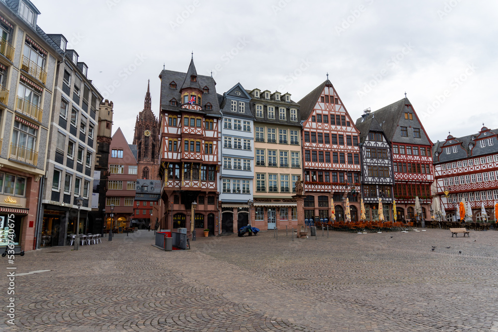 Frankfurt's Old Town Square, on a cloudy day without people.