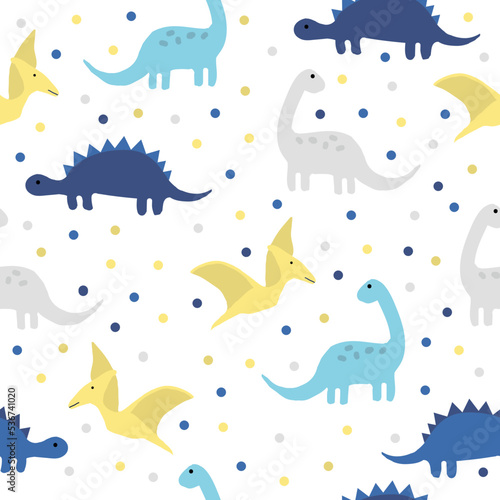 A simple set of dinosaurs. cute blue and yellow dinosaurs on a white background. vector illustration. Fashionable print for children's textiles, wallpaper and packaging. © Алена Шенбель