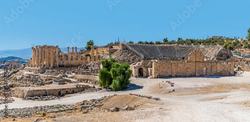 A view towards the amphitheatre in the ancient Roman settlement of Gerasa in Jerash, Jordan in summertime