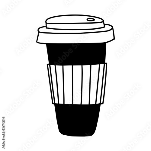 Vector illustration of a coffee cup with coffee drawn with a black line in the style of doodles
