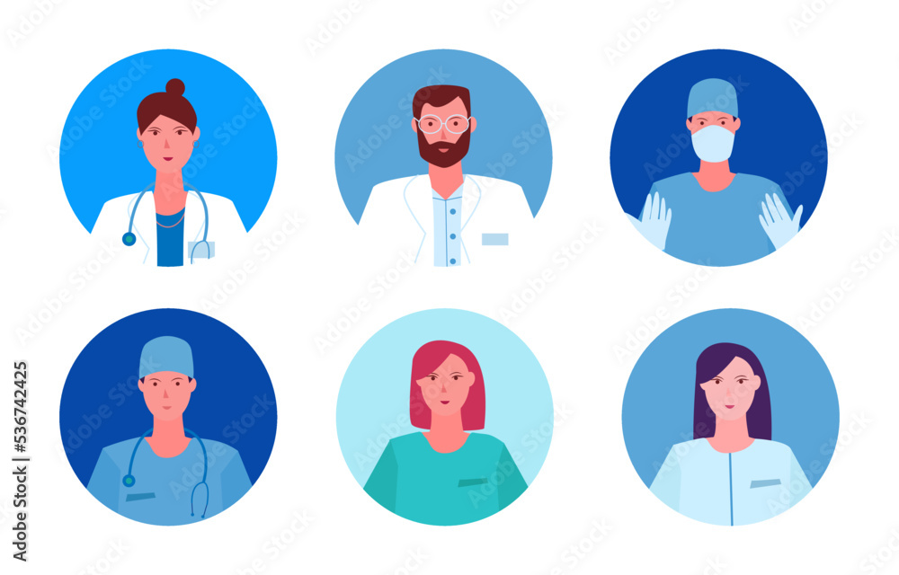 Doctors and nurses profile vector icons. Surgeon and therapist physicians avatars Doctors and nurses profile vector icons. Surgeon and therapist physicians avatars