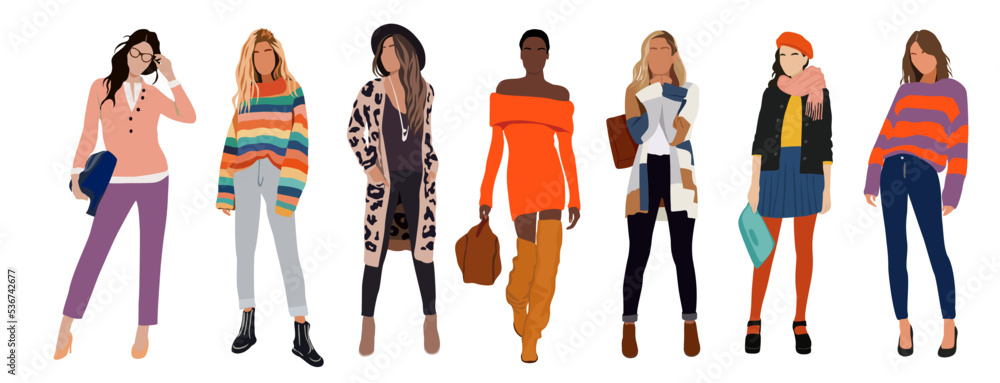 Collection of stylish young women dressed in trendy clothes. Set of ...