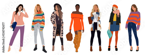 Collection of stylish young women dressed in trendy clothes. Set of fashionable casual street style outfits. Bundle of cute girl trendsetters. Flat cartoon colorful vector realistic illustrations.