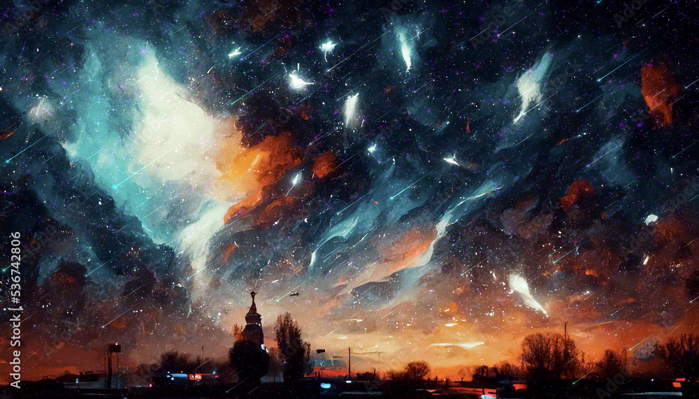 starr wind futuristic night city blurred light under dramatic starry blue sky star fall on cosmic nebula milky way universe space 