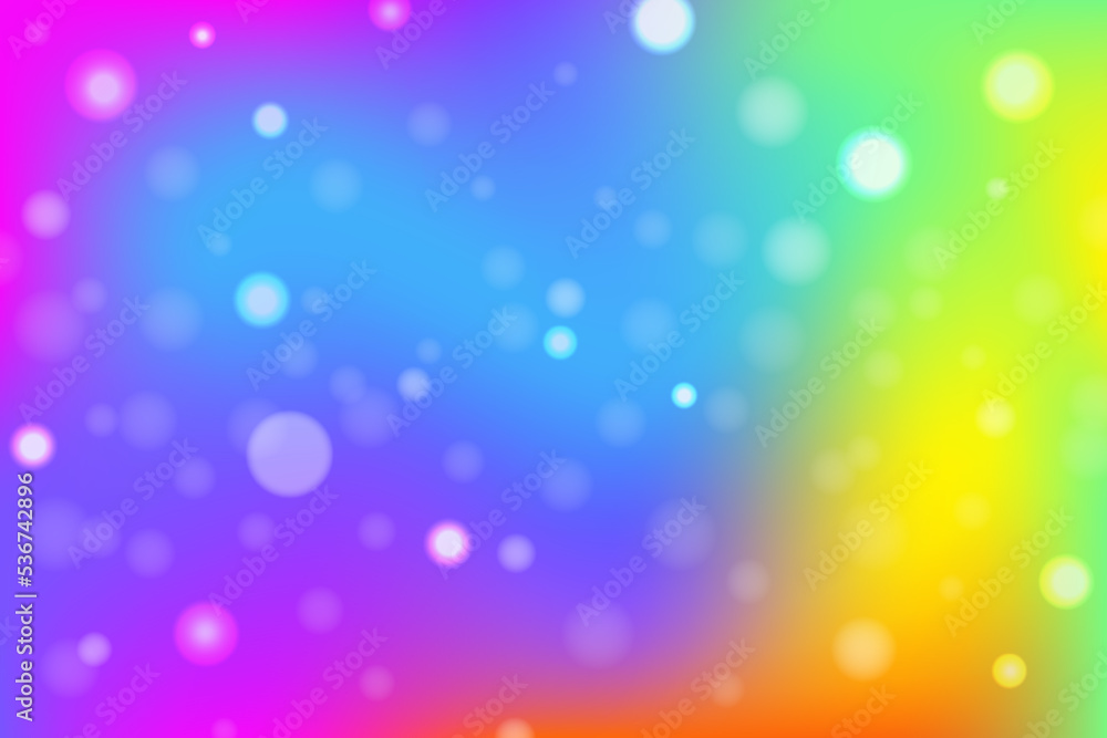 Rainbow fantasy background. Bright multicolored sky with bokeh. Holographic wavy illustration. Vector.