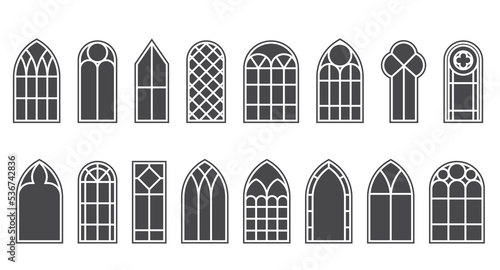 Church medieval windows set. Old gothic style architecture elements. Vector glyph illustration on white background.