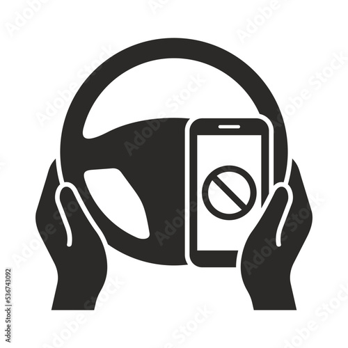 Steering wheel icon. Driver. Driving car. No texting while driving. Using a mobile phone while driving. Vector icon isolated on white background.