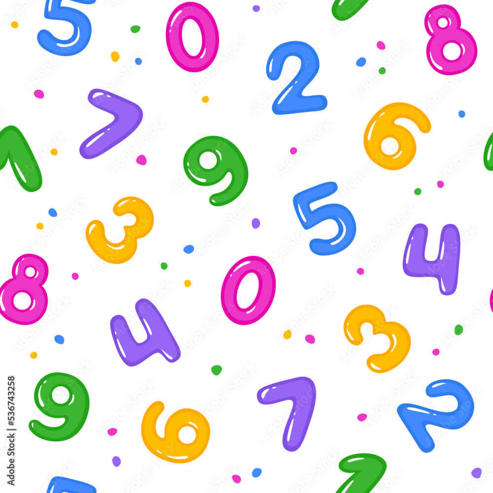 Kids seamless pattern with colorful cartoon numerals and dots. Education or nursery theme wallpaper. Vector illustration on white background. Kids seamless pattern with colorful cartoon numerals and dots. Education or nursery theme wallpaper. Vector illustration on white background.