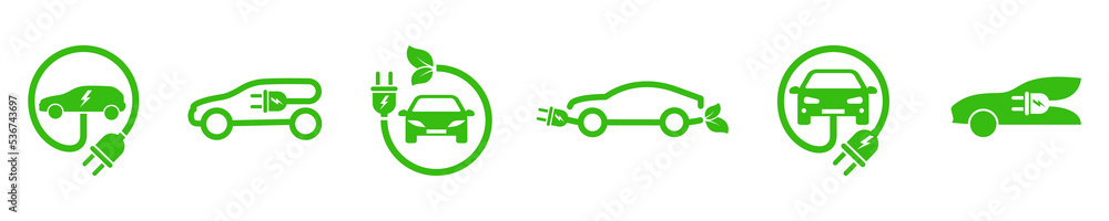 Set of green electric car with plug. Electric car charger place. Recharger battery station for automobile. Friendly alternative energy. - obrazy, fototapety, plakaty 