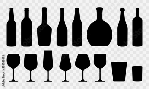 Set with alcohol bottles and glasses vector icons. Black silhouette with wine, cognac, champagne, beer bottle and glass. Alcohol collection.