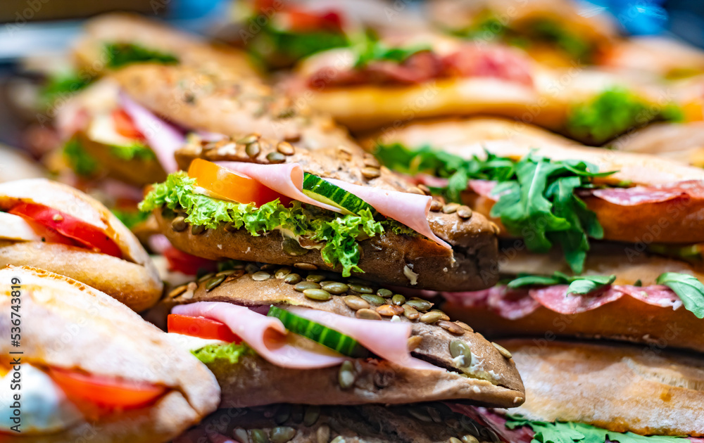 Freshly prepared sandwiches sold in a fast food restaurant Freshly prepared sandwiches sold in a fast food restaurant