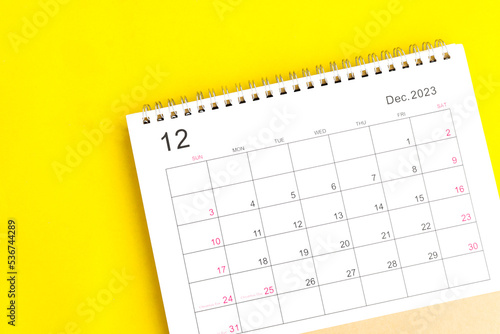 calendar december 2023 top view on yellow a background