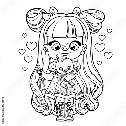Cute cartoon long haired girl with baby doll and pacifier outlined for coloring page on a white background
