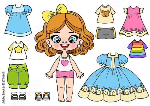 Cute cartoon girl in underwear and with a set of clothes and shoes for dressing color variation for coloring page on white background