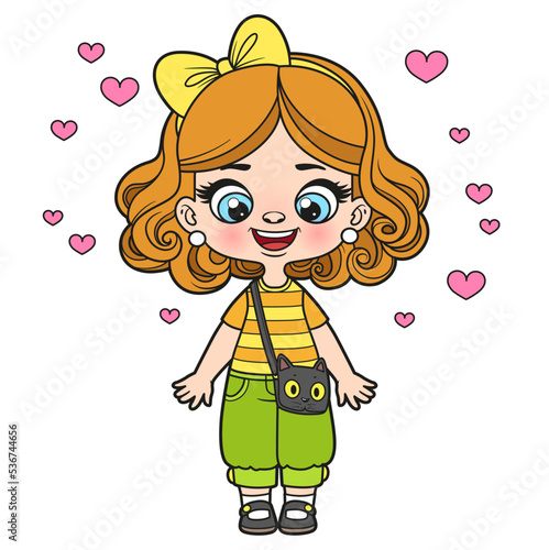 Cute cartoon girl with a cat bag color variation for coloring page on white background