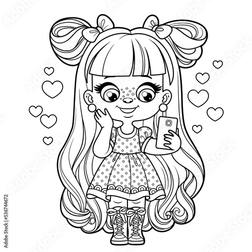 Cute cartoon long haired girl talking on the phone outlined for coloring page on a white background