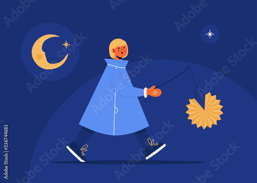 Girl go to Martinstag lantern parade. Saint Martin's Day celebrating. Moon shining. Self-made paper lighting lamp. Lantern Pageant.