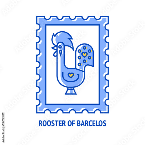 Vector linear illustration of a postage stamp with rooster of Barcelos isolated on white background. Most common traditional symbol of Portugal perfect for postcards. Editable stroke photo