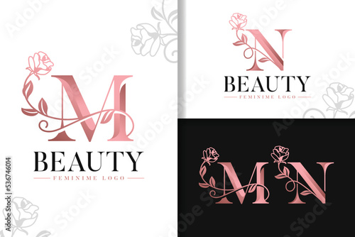Feminine monogram rose gold logo letter m and n with flowers