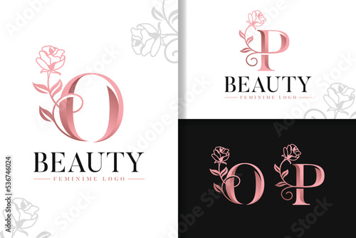 Feminine monogram rose gold logo letter o and p with flowers