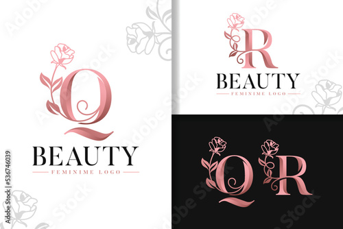 Feminine monogram rose gold logo letter q and r with flowers