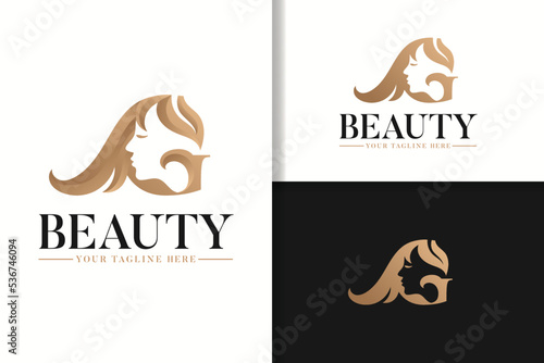 Woman silhouette gold with letter g feminine logo