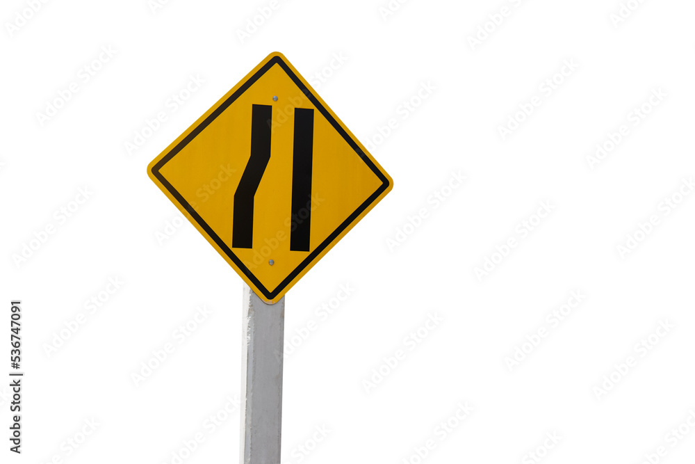 Yellow traffic sign to show left narrow lane, isolated on white background. Concept: Warning traffic sign for transportation. Yellow traffic sign to show left narrow lane, isolated on white background. Concept: Warning traffic sign for transportation.