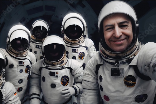 Group of international happy astronauts take a selfie In space rocket cabin, explores of the galaxy. First archiwal epic photography. Ship cabin In the background. Illustration 3D, SCFI concept art