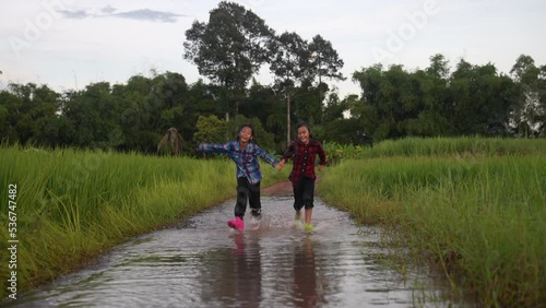 Children playing water on flooding in rural 