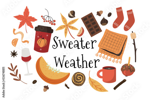 Set with cute autumn and winter objects  clip art, cozy time spending. Isolated on white vector illustration