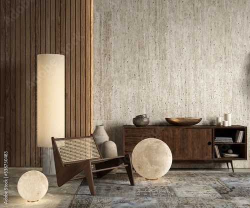 Bild auf Leinwand Interior with dresser, lounge chair, stone wall panel, moon lamps, backlight, plants and decor