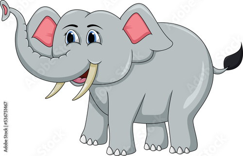 cute gray elephant lifts its trunk and smiles cartoon vector illustration