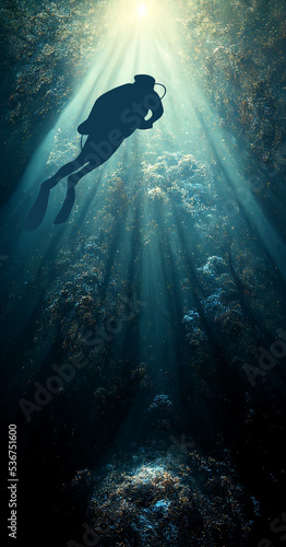 Scuba diving under deep blue sea. Diver swim undersea cave with sun ray. 3D rendering image.