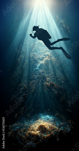 Scuba diving under deep blue sea. Diver swim undersea cave with sun ray. 3D rendering image.