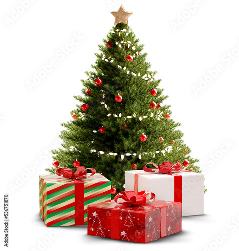 red Christmas gifts and decorated green Christmas fir tree 3d-illustration