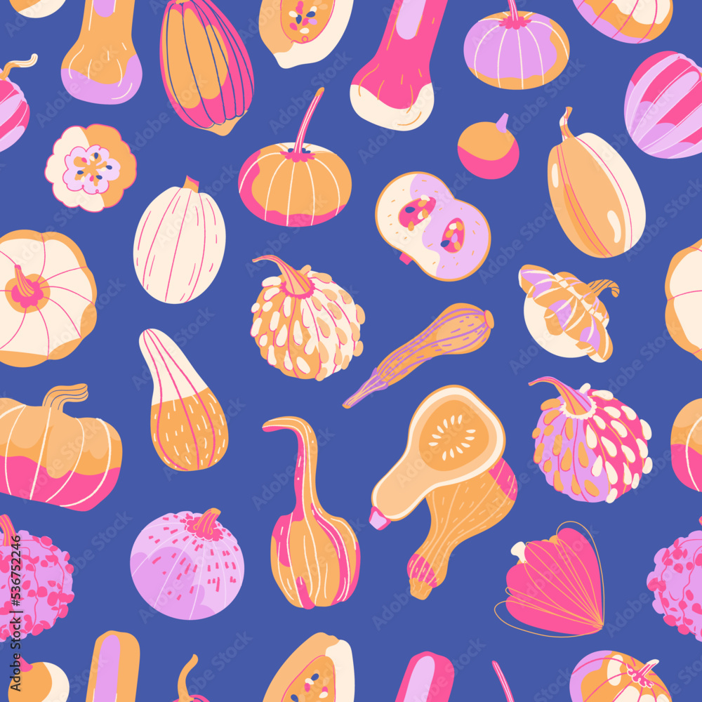 Bright pumpkin seamless vector pattern on a blue background. For wallpaper, wrapping paper, textiles, postcards, web page backgrounds, interior decor, menus. Cartoon autumn harvest illustration Bright pumpkin seamless vector pattern on a blue background. For wallpaper, wrapping paper, textiles, postcards, web page backgrounds, interior decor, menus. Cartoon autumn harvest illustration