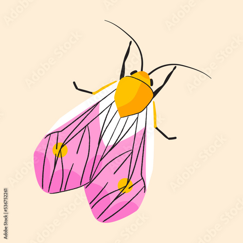 Pink night moth top view isolated on a white background. Flat Halloween nature vector Illustration