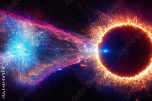 Dark star in a fireball with a bright flash of purple color in outer space 3d illustration