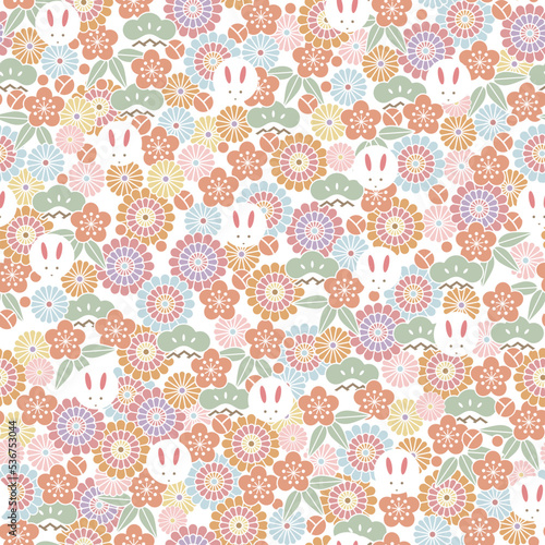 和柄-菊と松竹梅とうさぎのシームレスなパターン。テキスタイル、壁紙、包装紙のデザイン。