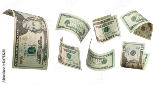 50 dollars flying on white background. USA banknotes at different angles. Front side