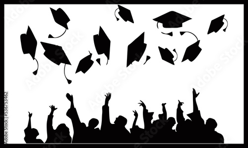 Happy graduate students with graduating caps and diploma or certificates, silhouette of group of people. Graduation event. Vector illustration photo