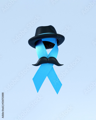 Blue ribbon with hat, moustache and copy space isolated on a blue background for Blue November and Prostate Cancer Awareness Month social media post or poster design photo