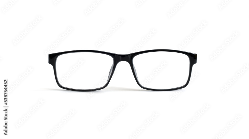 Eyeglasses with black frame, shiny. wear for eye health, isolated on white background Eyeglasses with black frame, shiny. wear for eye health, isolated on white background
